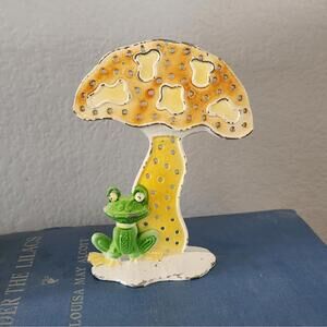 Vintage Frog & Mushroom Earring Holder Painted Metal 1970's Revere Mfg